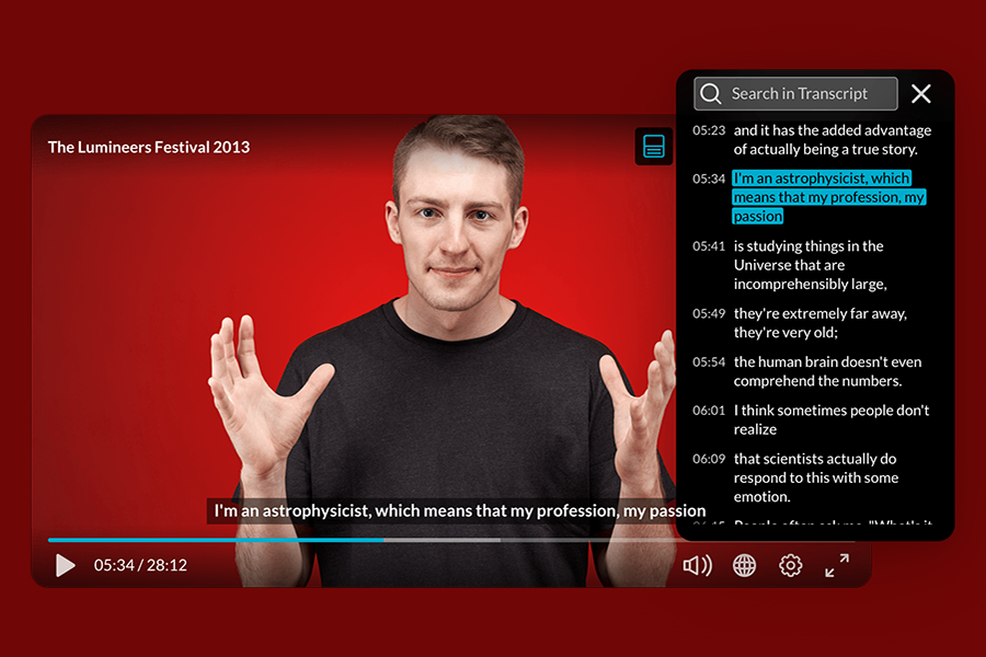 Kaltura player with transcript visible